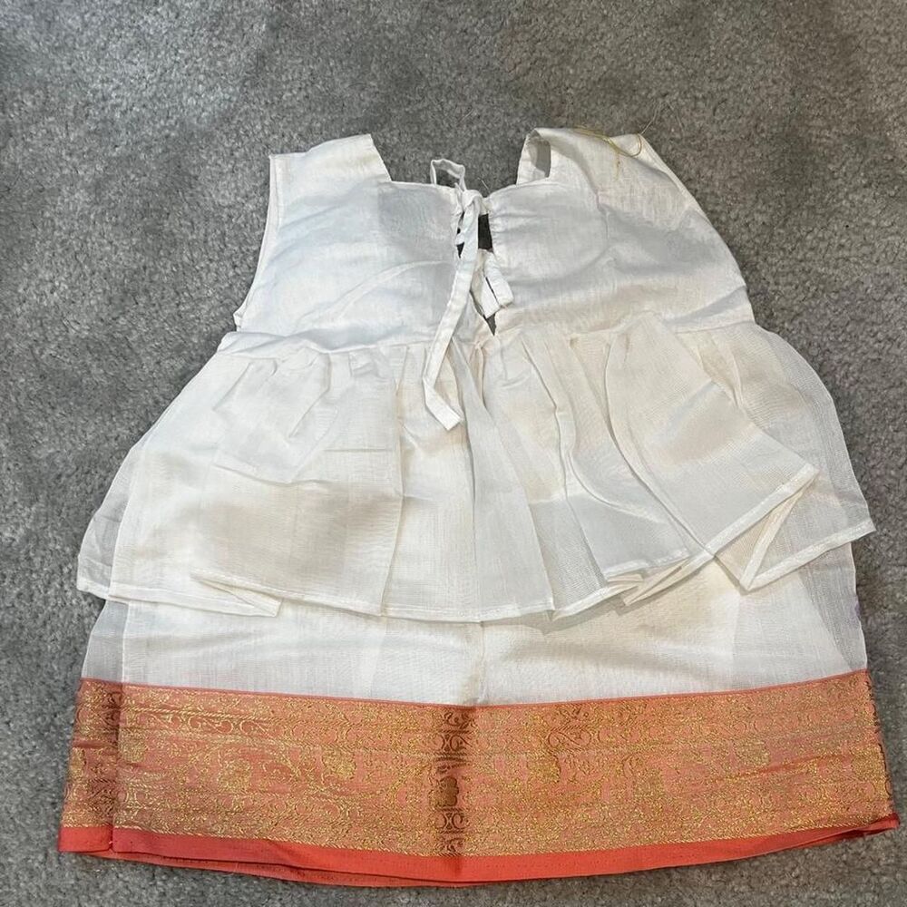 Girl White Indian-style baby dress tiered ruffle bodice, traditional gold-border - Picture 2 of 3